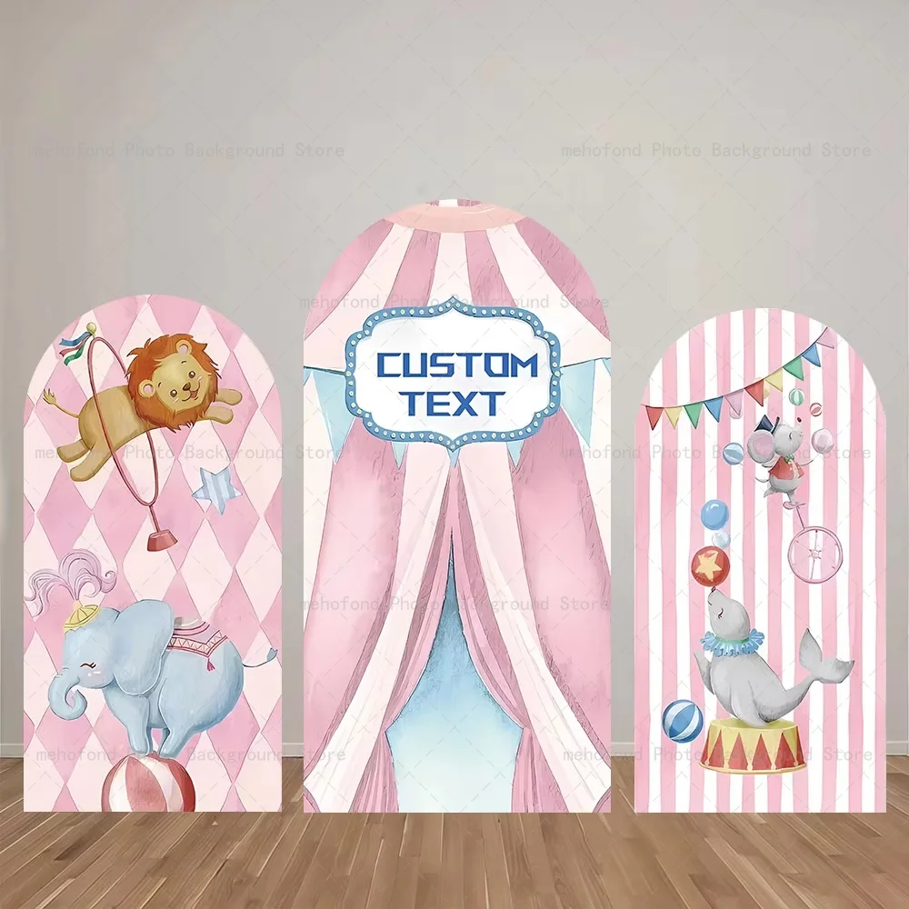 Mehofond Arch Backdrop Customized Text Soft Cute Pink Circus Birthday Banquet Kids Party Decor Studio Photography Background