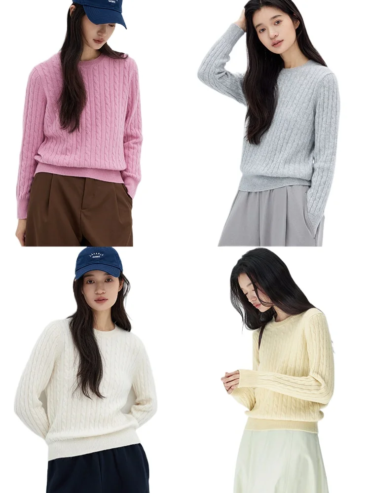 Continuation of classic old money~ 7-needle double thread 100% , front shoulder small crew neck twisted knitted sweater women