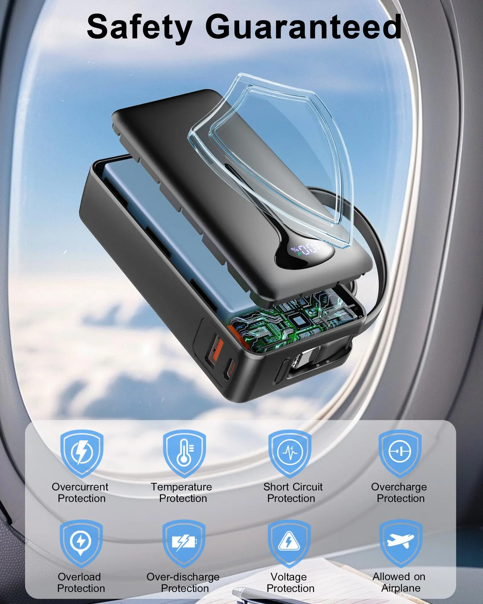 شاحن محمول بقوة 10000 مللي أمبير في الساعة مع شحن سريع 22.5 وات، ومدخل USB-C، وكابل مدمج، وأساسيات السفر لهواتف iPhone وAndroid