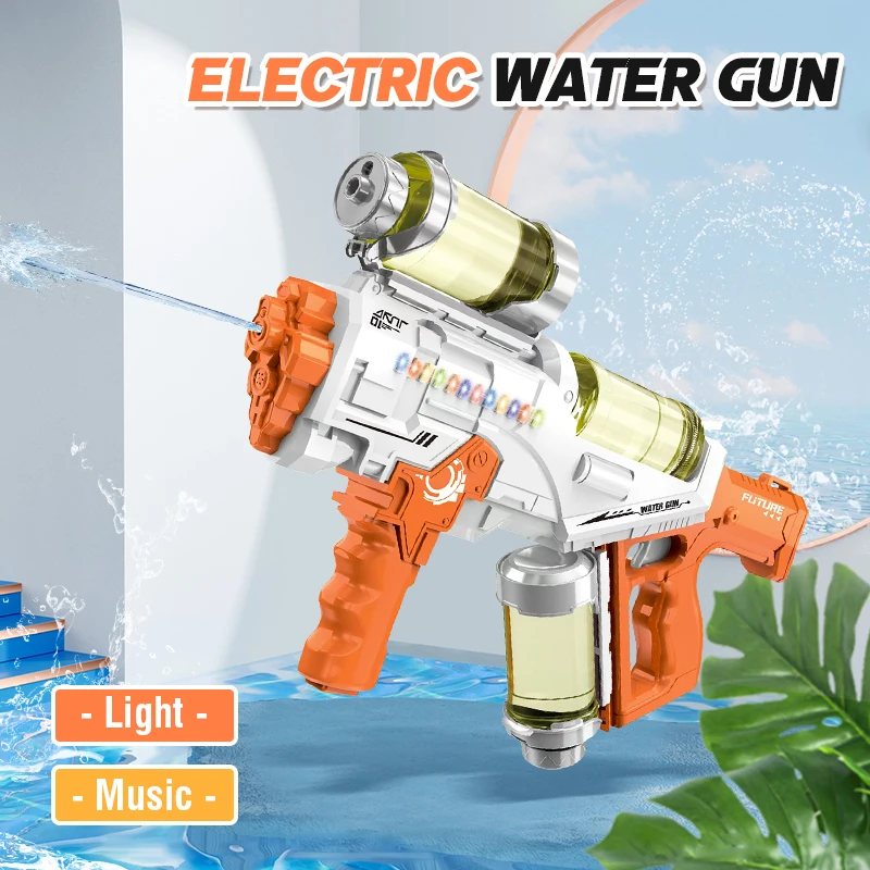 Pistola de agua eléctrica para niños, juegos al aire libre, pistola de agua automática, pistolas de diversión de gran capacidad con luz, juguete de piscina para niños