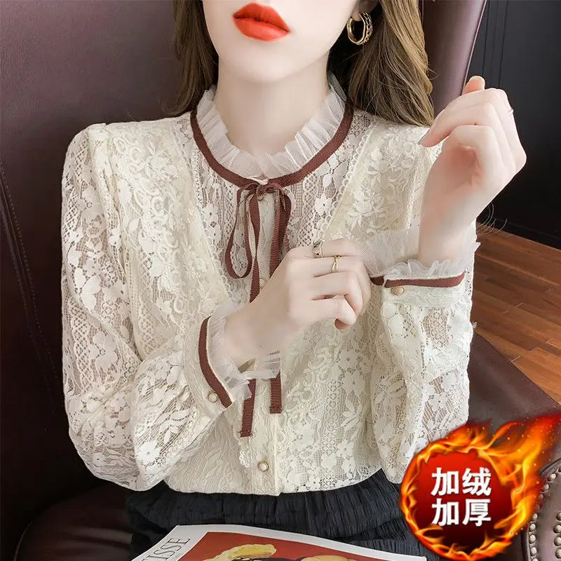 

Autumn Women Lace Blouse Shirt Slim Tops Long Sleeve Half High Collar 2023 New Single Breasted Shirts T790