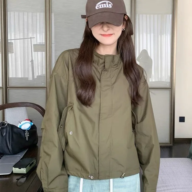 

Military Green Stand Collar Short Windbreaker Women Early Spring New Loose Casual Work Jacket Top