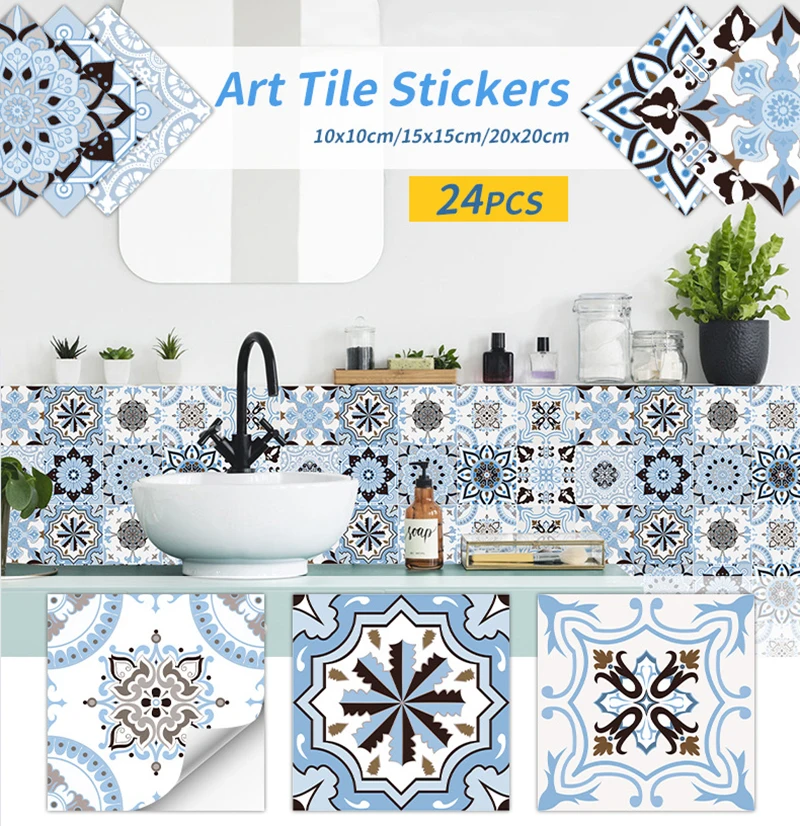 

24pcs/set Self-adhesive Wall Stickers European Style Tiles Sticker Waterproof Antifouling Wall Decal Kitchen Bathroom Home Decor