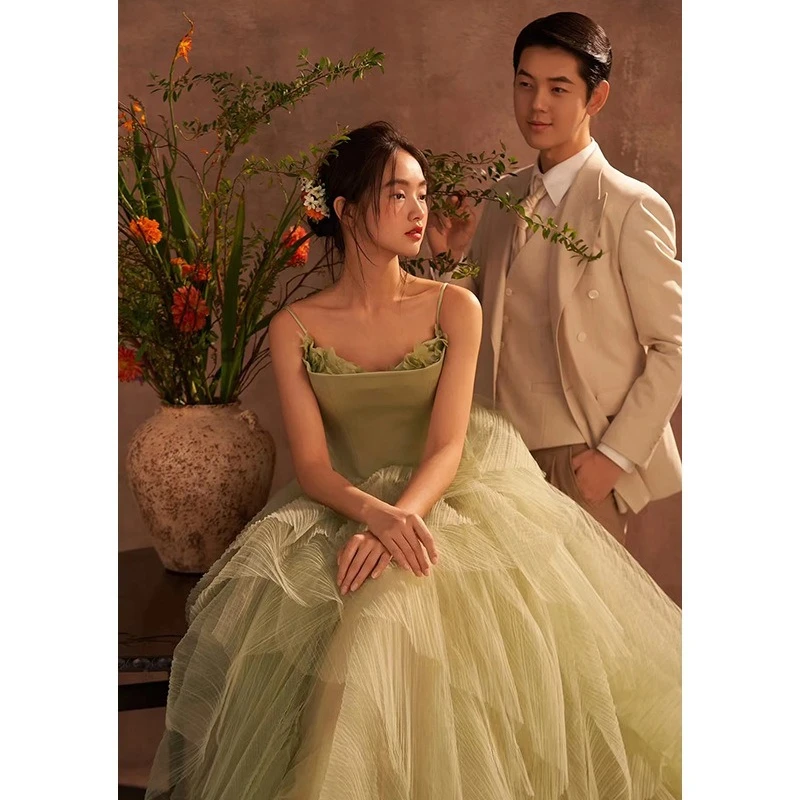 Green Wedding Dress Fashion 2025 New Sling Sleeveless Princess Fluffy Skirt Formal Dress Women Elegant Evening Party Dresses