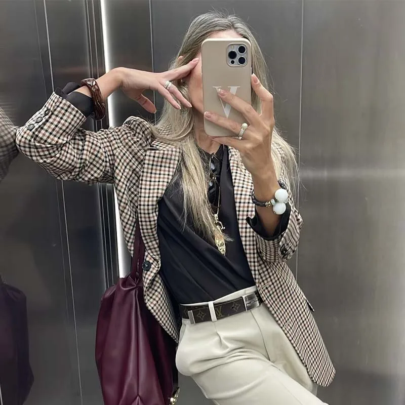 

YENKYE 2025 женский осенне-зимний пиджак с узором «гусиные лапки» с длинным рукавом и воротником с лацканами, тонкое пальто, женский модный уличный пиджак