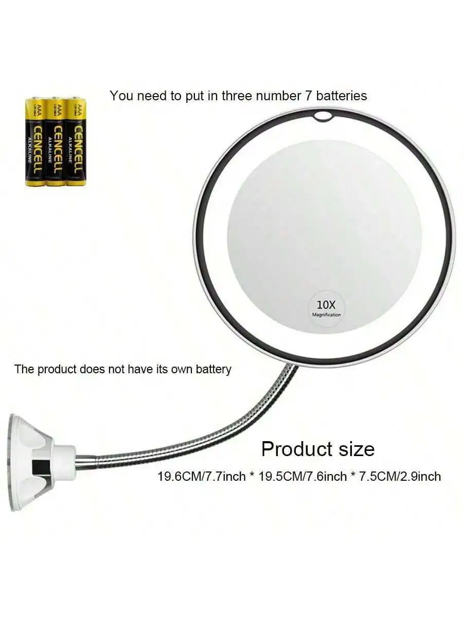 Flexibler 10-fach vergrößerter Make-up-Spiegel mit LED-Beleuchtung, Saugnapf mit Tageslicht- und Graddrehfunktion, tragbar für