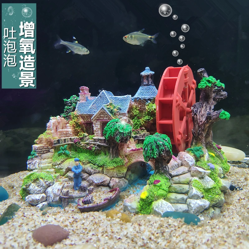 Aquarium Landscaping Fish Tank Decorations Small Ornaments Simulation Small House Windmill Air Pump Can Turn The Waterwheel