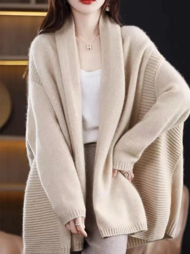 100% Pure Wool Knitted Shawl for Autumn/WinterFashionable New Style Women Lapel Sweater Cardigan Loose Versatile Cape Thick Coat