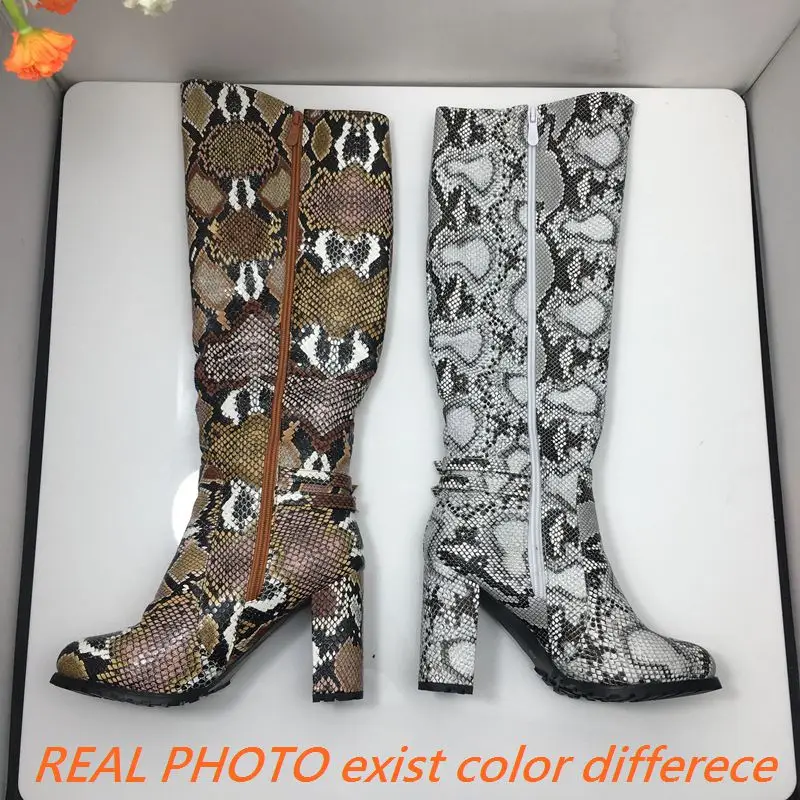 REAVE CAT Women Knee Boots Round Toe Pattern Hight Heels Thick Heel Side Print Big size 34-43