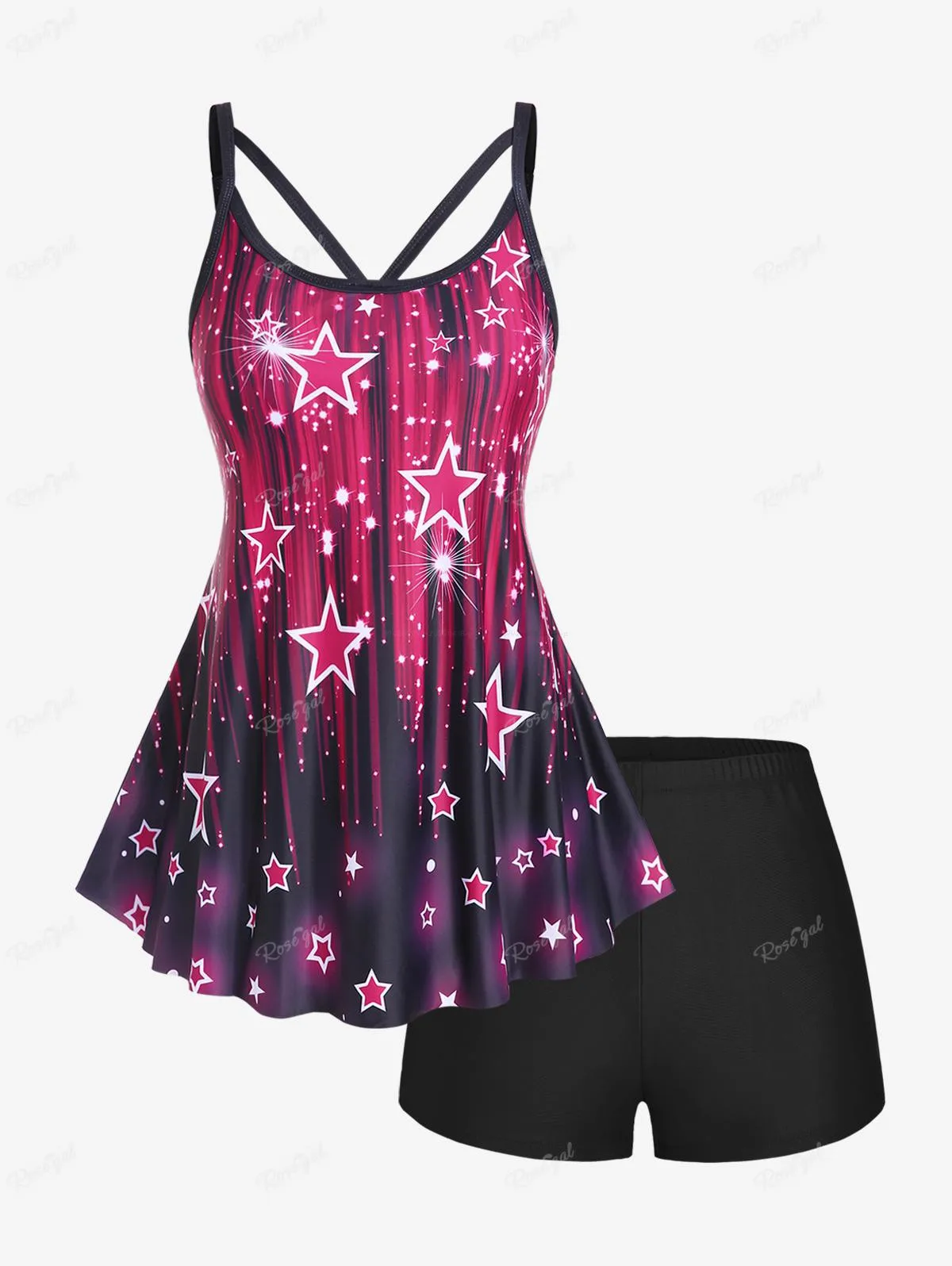

Rosegal Womens Plus Size 3D Sparkles Stars Printed Halter Backless Waist Modest Boyshorts Tankini Swimsuit