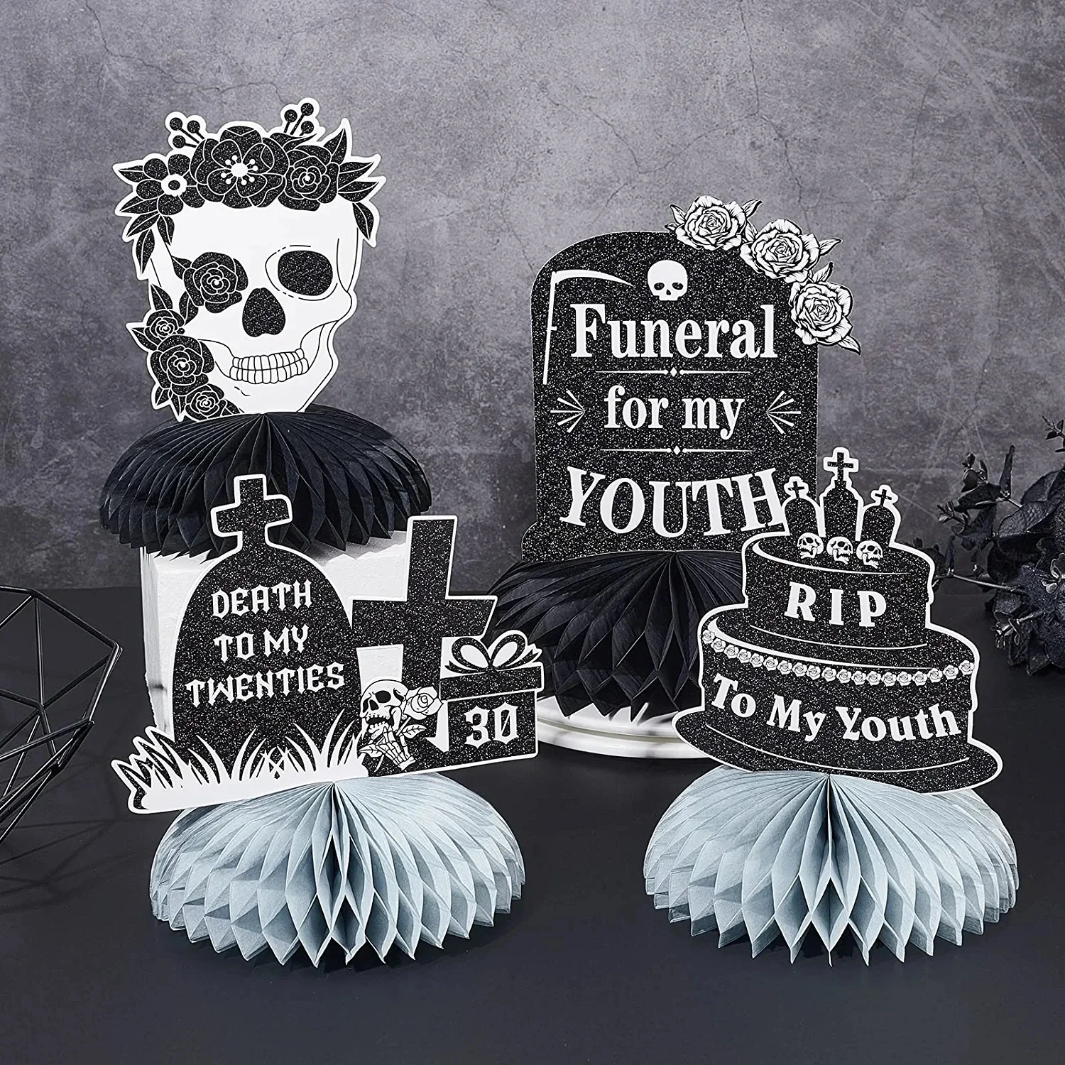 30th Birthday Honeycomb Centerpieces Table Decorations Rip To My 20s Black 3D Death of My Youth 30 Funeral Gothic Party Supplies