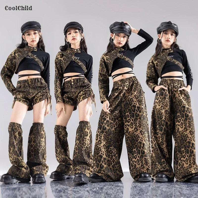 Hip Hop Girls Crop Top Leopard Cuff Cargo Pants Child Streetwear Shorts Street Dance Clothes Sets Kids Jazz Girl Group Costumes