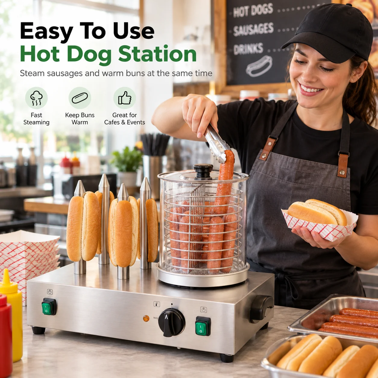 AOLIVIYA Commercial Hot Dog Steamer Electric Sausage Warmer Cooker With Bun Heater Stainless Steel Countertop Food Machine