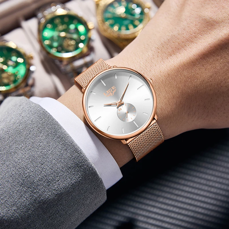 ساعة كوارتز فاخرة بتصميم LIGE من أفضل العلامات التجارية، ساعات كلاسيكية رفيعة وبسيطة وأنيقة بحزام شبكي مقاومة للماء للرجال Reloj Hombre