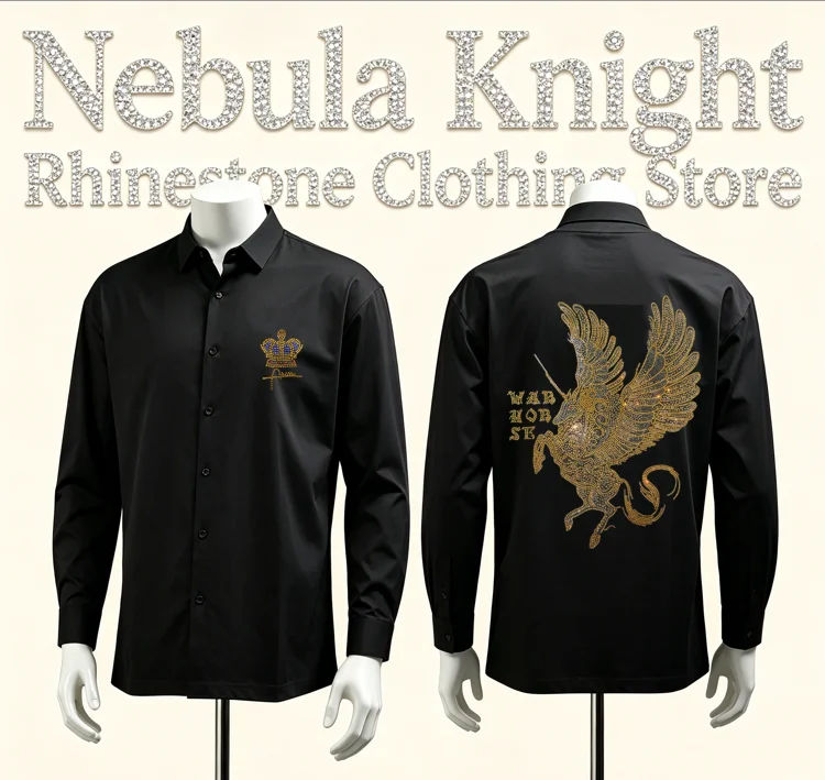 Luxury Mens New Black Button Down Shirt Rhinestone Skull Pattern Long Sleeve Slim Fit High Street Daily Casual Tops