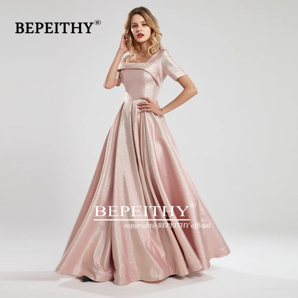 BEPEITHY Customized One Shoulder Short Sleeves Long Evening Dresses Pink Glitter Prom Dress 2023 Vestido De Fiesta De Boda