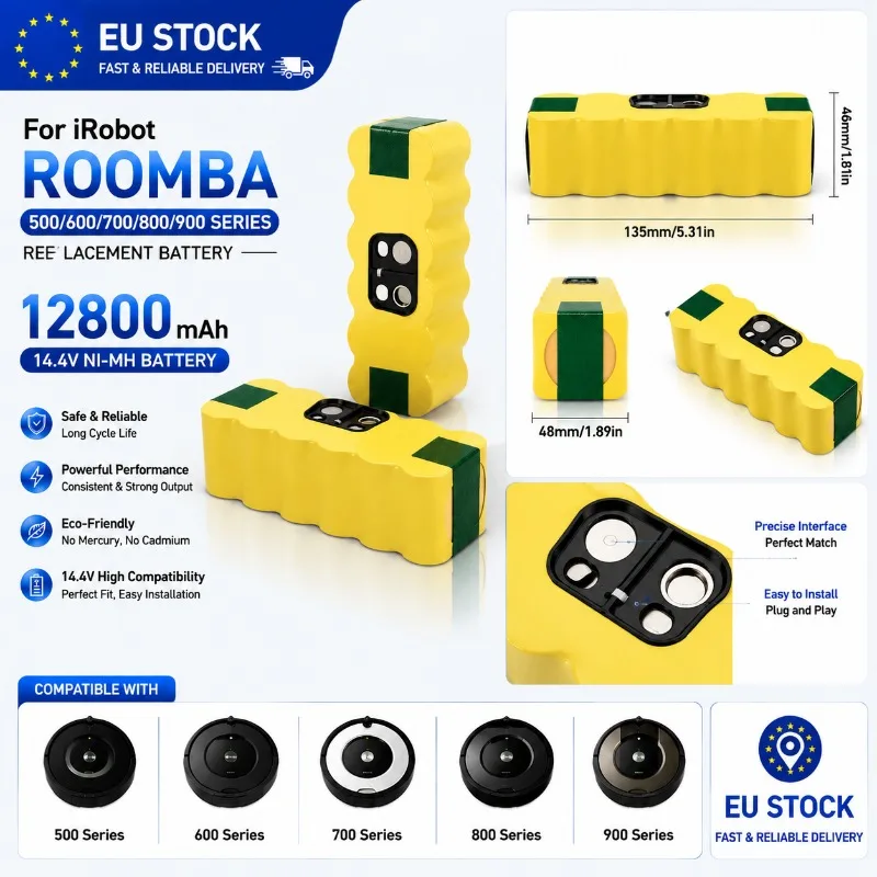 Stock UE, Batterie de remplacement 14,4V 12800mAh pour aspirateur robot, compatible avec les séries d'aspirateurs 500/600/700/800/900, cellules Ni-MH haute performance, durée de nettoyage plus longue, qualité fiable, livraison rapide.