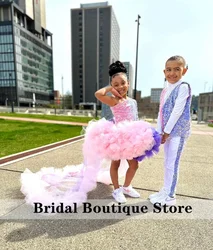 Luxury 2024 New Flower Girls Dress For Weddings Glitter Sequins Beading Ruffles Birthday Gown With Bow and Train Customized