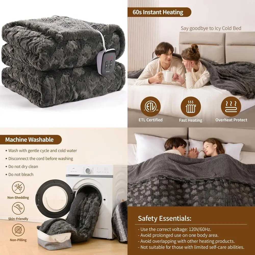 

Twin Size 62x84 Grey Faux Fur Sherpa Electric Blanket with 10 Heat Levels, Auto-Off, Machine Washable