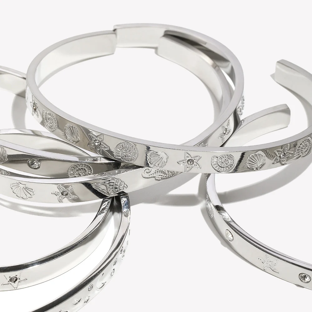 E.B.belle Stainless Steel PVD Plating Waterproof Hypoallergenic Gold Color Shell Sea Animal Star Moon Cuff Bangles Bracelets