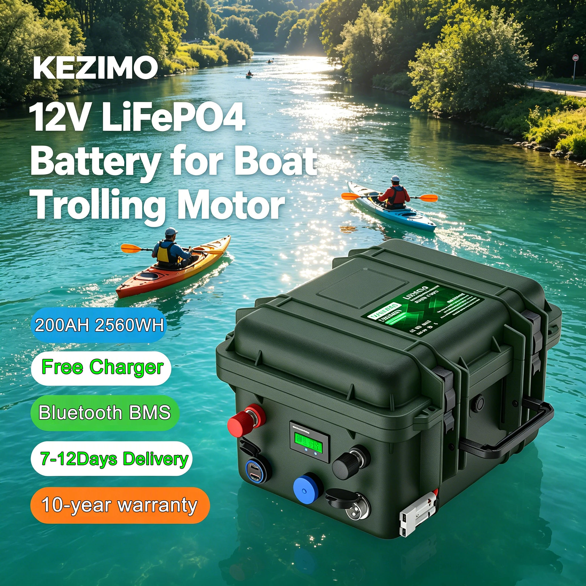 Batterie LiFePO4 12V 200AH 2560WH pour moteur de pêche avec Bluetooth, plus de 6000 cycles, avec chargeur pour sondeur de poissons