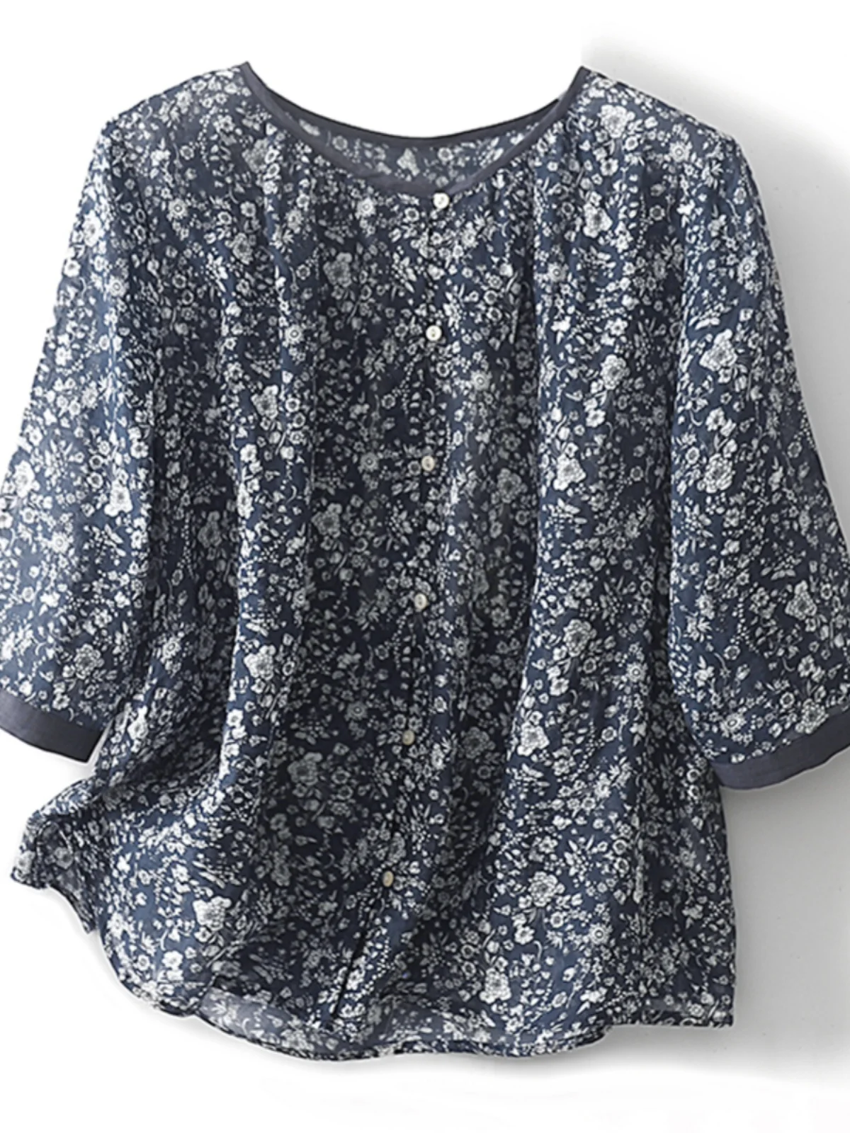 

Женская летняя тонкая свободная утягивающая повседневная круглая льняная блузка в стиле ретро с цветочным принтом пяти четвертей Све irt