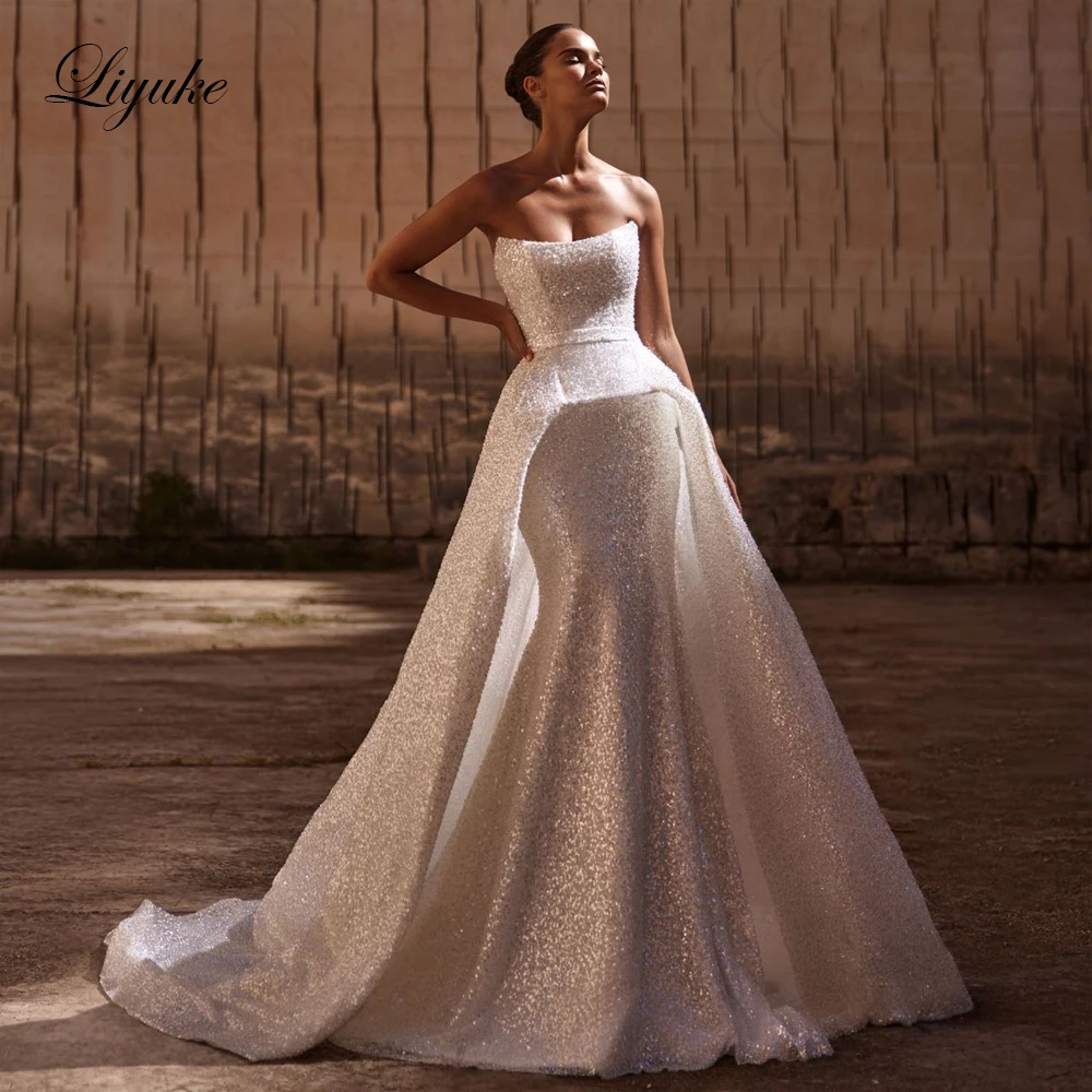 

Liyuke Блестящие бисерные кружевные свадебные платья Русалка Империя Дизайн Блестящие кружева без бретелек 2 в 1, элегантные свадебные платья