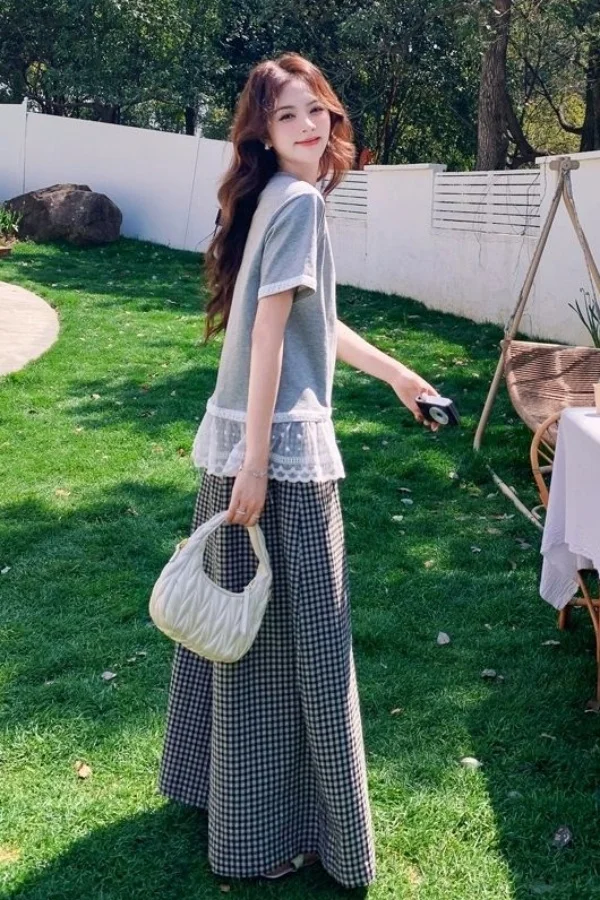 Coreano renda emendada cinza manga curta camiseta xadrez calças de perna larga terno para mulher verão conjunto de duas peças