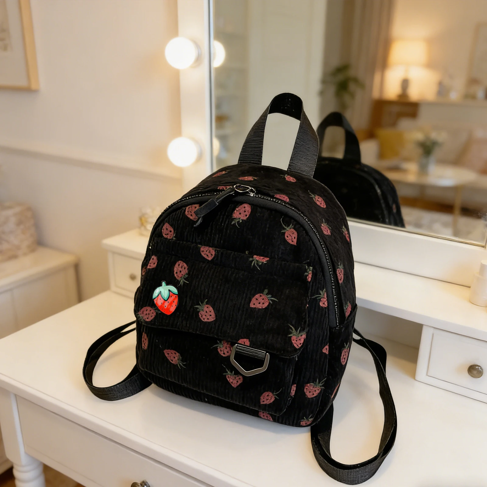 Strawberry Corduroy Mini Backpack Purse Travel Shoulder Bag Casual Daypack for Women Teenagers and College