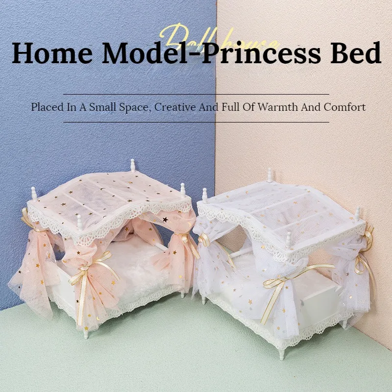 1: 12 Doll House Mini Dreamy Star Moon Mesh Princess Bed BJD Doll Simulation Furniture Bedroom Micro Scene Model