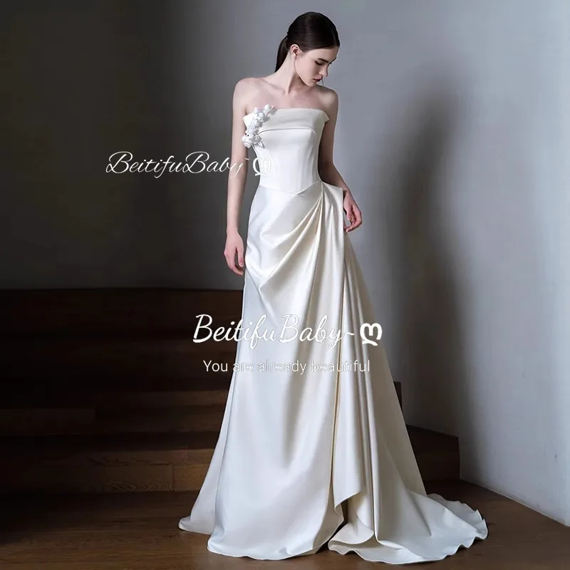 BeitifuBaby Wedding Dresses for Brides Party French Style Light Luxury Satin Strapless Appliques A-line Banquet Gown Vestidos