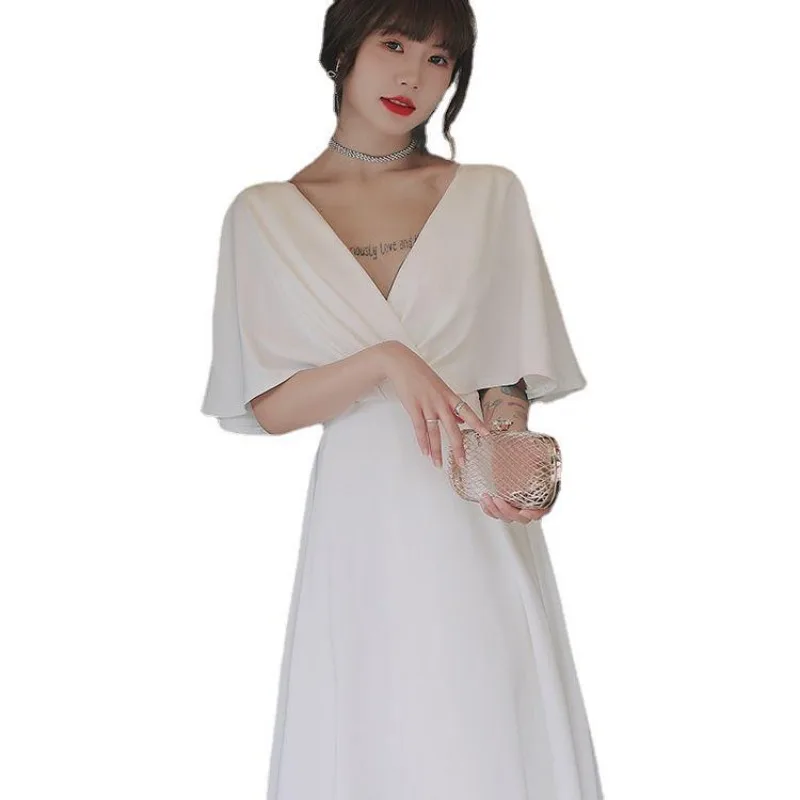 فستان سهرة أبيض بسيط متعدد الاستخدامات يمكن ارتداؤه بشكل يومي، فستان خطوبة فرنسي أنيق من الساتان