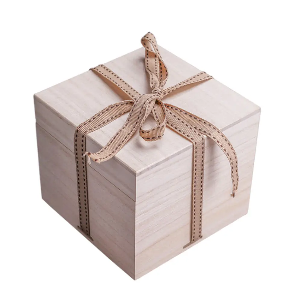 

1pc Paulownia Wooden Gift Box Small Square Storage Case For Tea Cup Fragile Items Cotton Lined Packaging Container Present Box