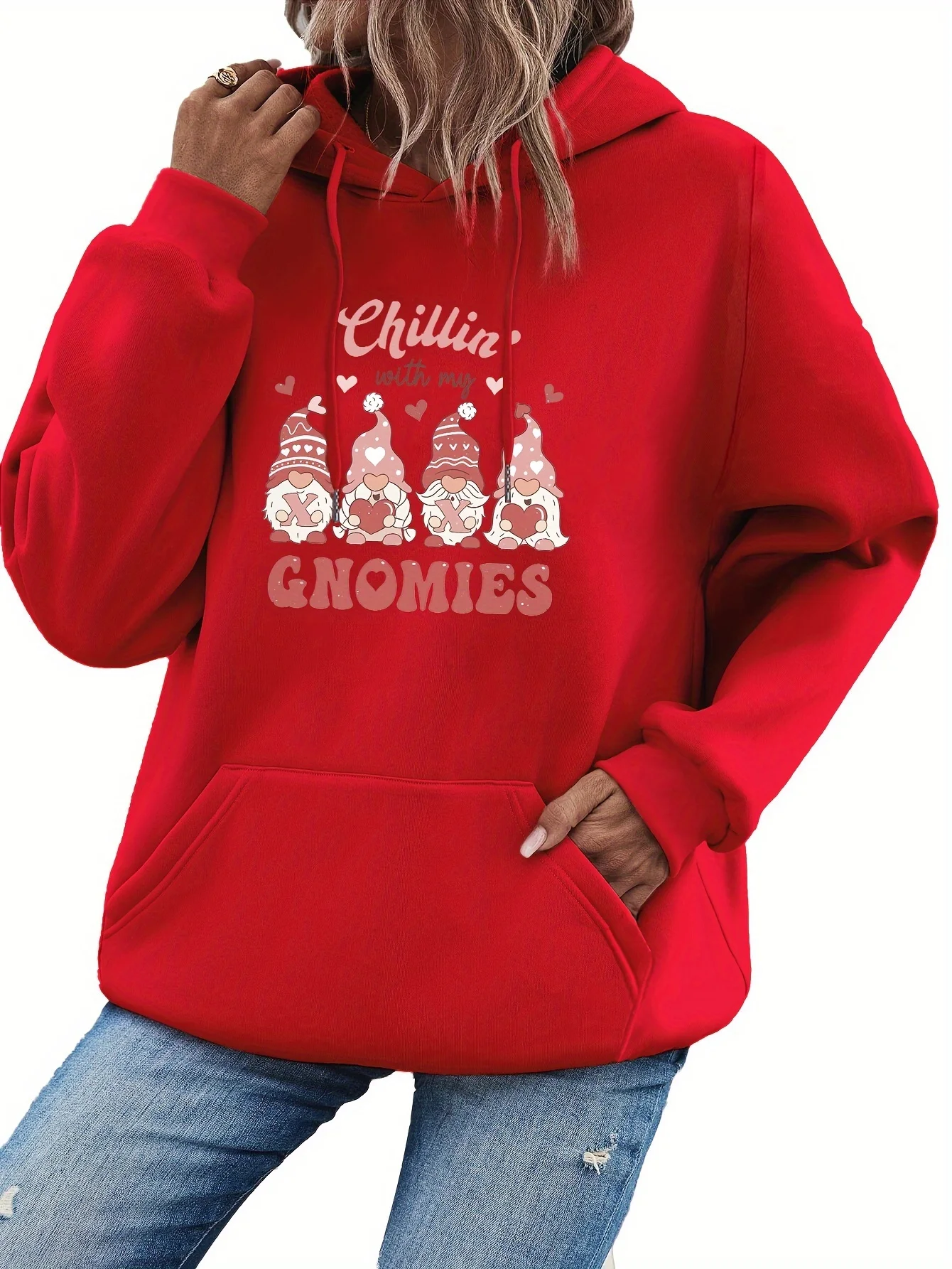 Christmas Midget Print Drawstring Hoodie, Casual Long Sleeve Pocket Hoodie, Sweatshirt