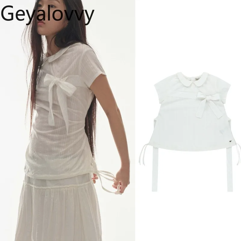 

Spring and Summer New Sweet Cute Style Doll Collar Tops Versatile White Color Blouse Bow Tie Short Sleeve Shirt for Women