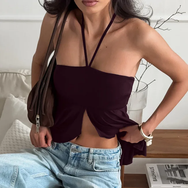 

Brown Open-ended Navel Hanging Neck Sling Vest Women's 2026 Summer New