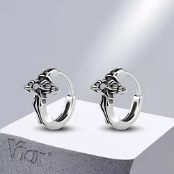 Vnox Rock Cross Hoop Earrings for Men Gifts Retro Silver Color Stainless Steel Religious Huggie Earring with Black CZ Stone