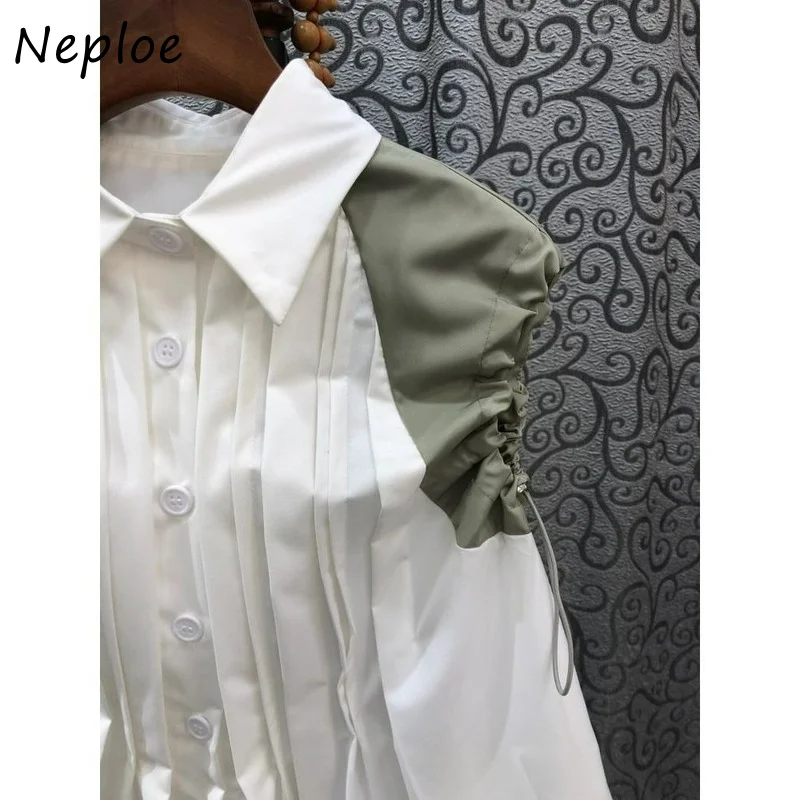 Neploe Turn Down Collar Single-breasted Blouse Pleated Drawstring Patchwork Shirts Korean 2024 Fashion Loose Casual Blusas