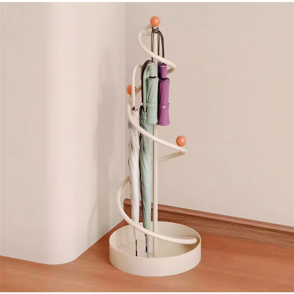 Floor standing umbrella stand, spiral curved metal frame with water receiving disc, entrance hallway home storage furniture