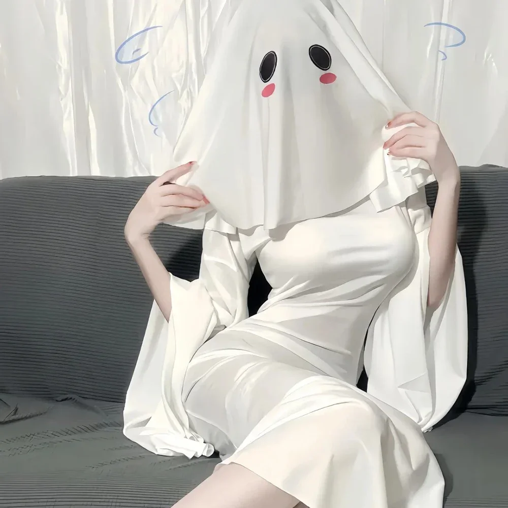 Halloween Female Ghost Cosplay Costume Scare Face Mask Cape Scream Outfit Adult Women Sexy Slim Fishtail Dress Clothes