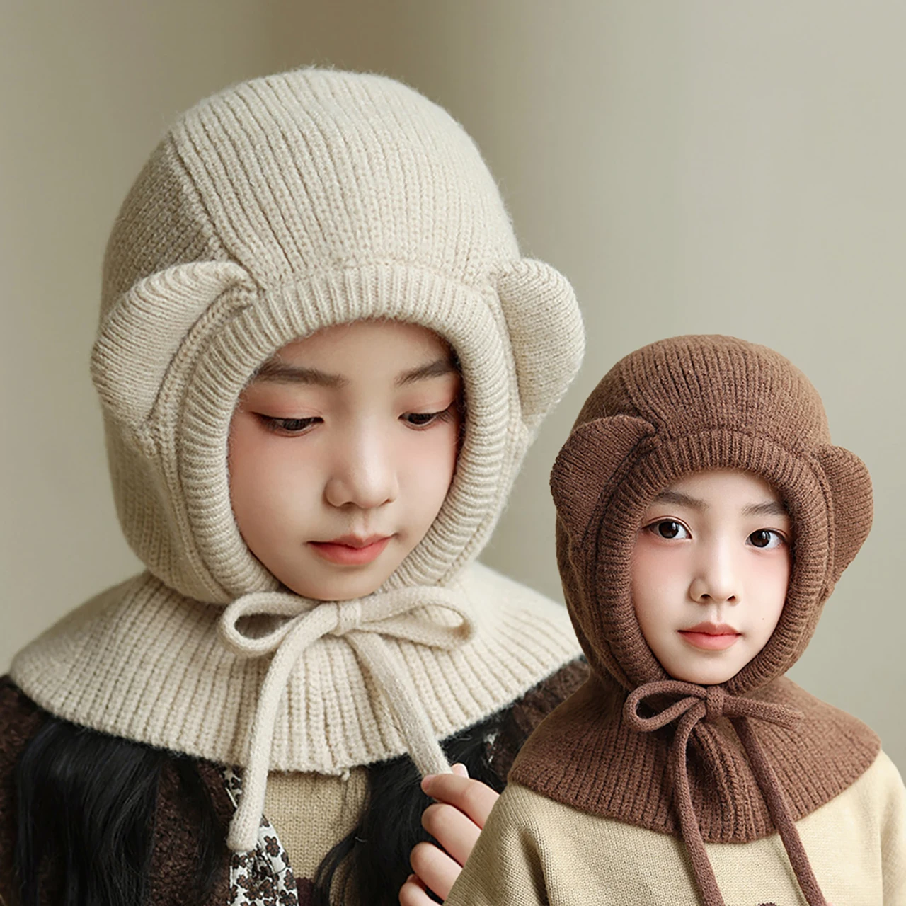 

Winter Kids Scarf One-Piece Hat Cute Bear Balaclava Headgear Warm Children Ear Protection Knit Hats 2-8year Baby Hooded Beanies