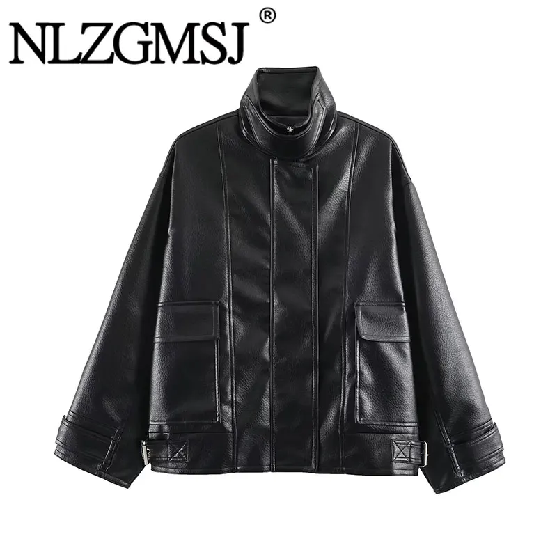 

Nlzgmsj 2026 Autumn Women Stand Collar PU Leather Jacket Loose Cargo Coat With Big Pockets Streetwear Outerwear