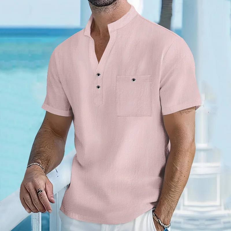 Herren-Henley-Shirt mit Stehkragen, Kurzarm, Baumwoll-Leinen-Mischung, Brusttasche, Atmungsaktiv, Sommer, Alltag, Reise, Strand, Freizeit-Oberteil – Detail 8