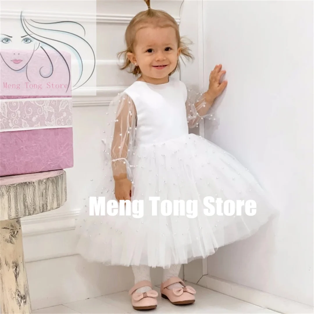 Customized Flower Girl Dresses Tulle Puffy Pearls With Bow Long Sleeve For Wedding Birthday Party First Communion Gowns