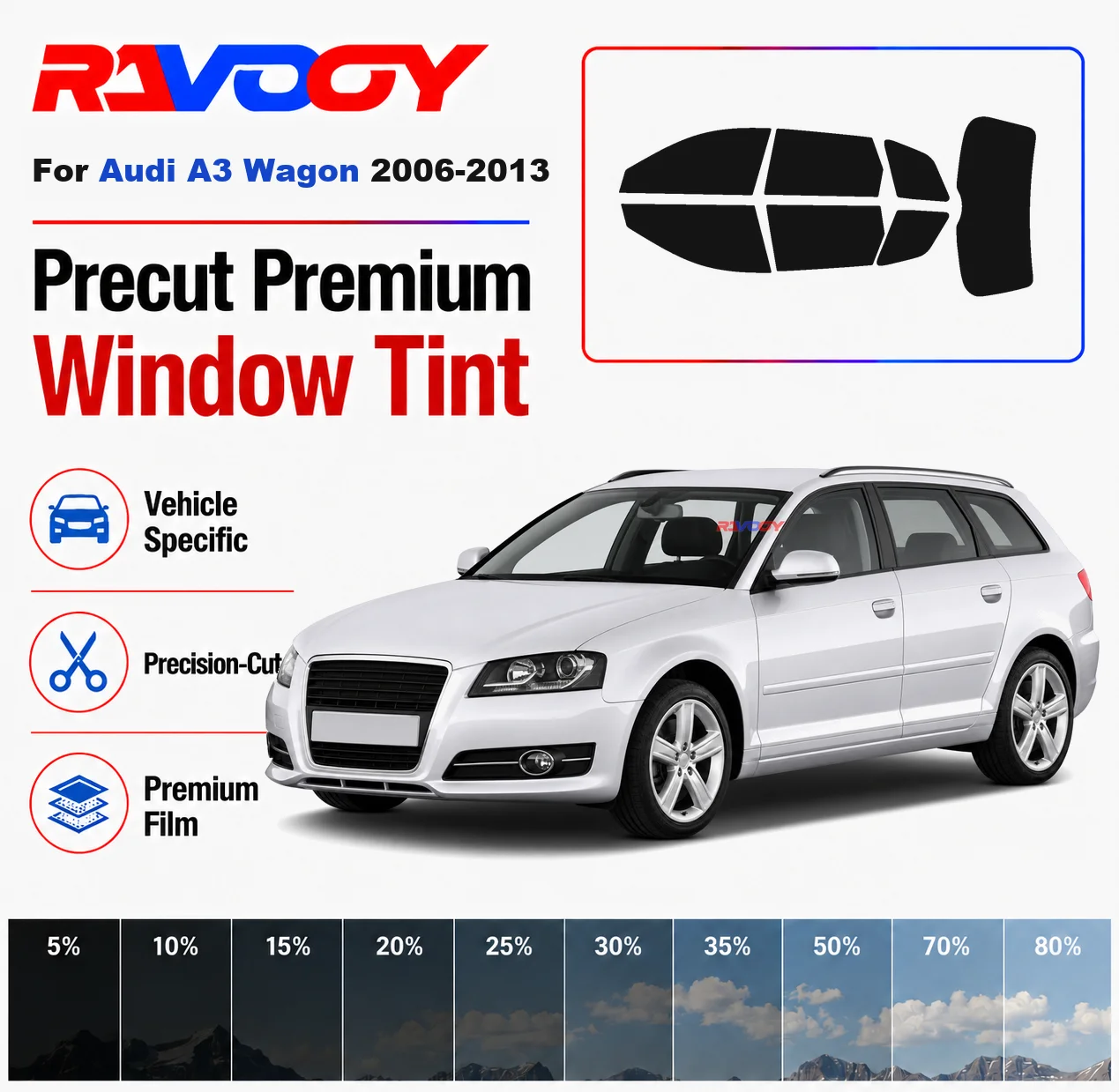 Premium Precut Window Tint Kit Front Rear Windows Rear Windshield For Audi A3 Wagon 2006-2013 Complete Set Nano Ceramic Film
