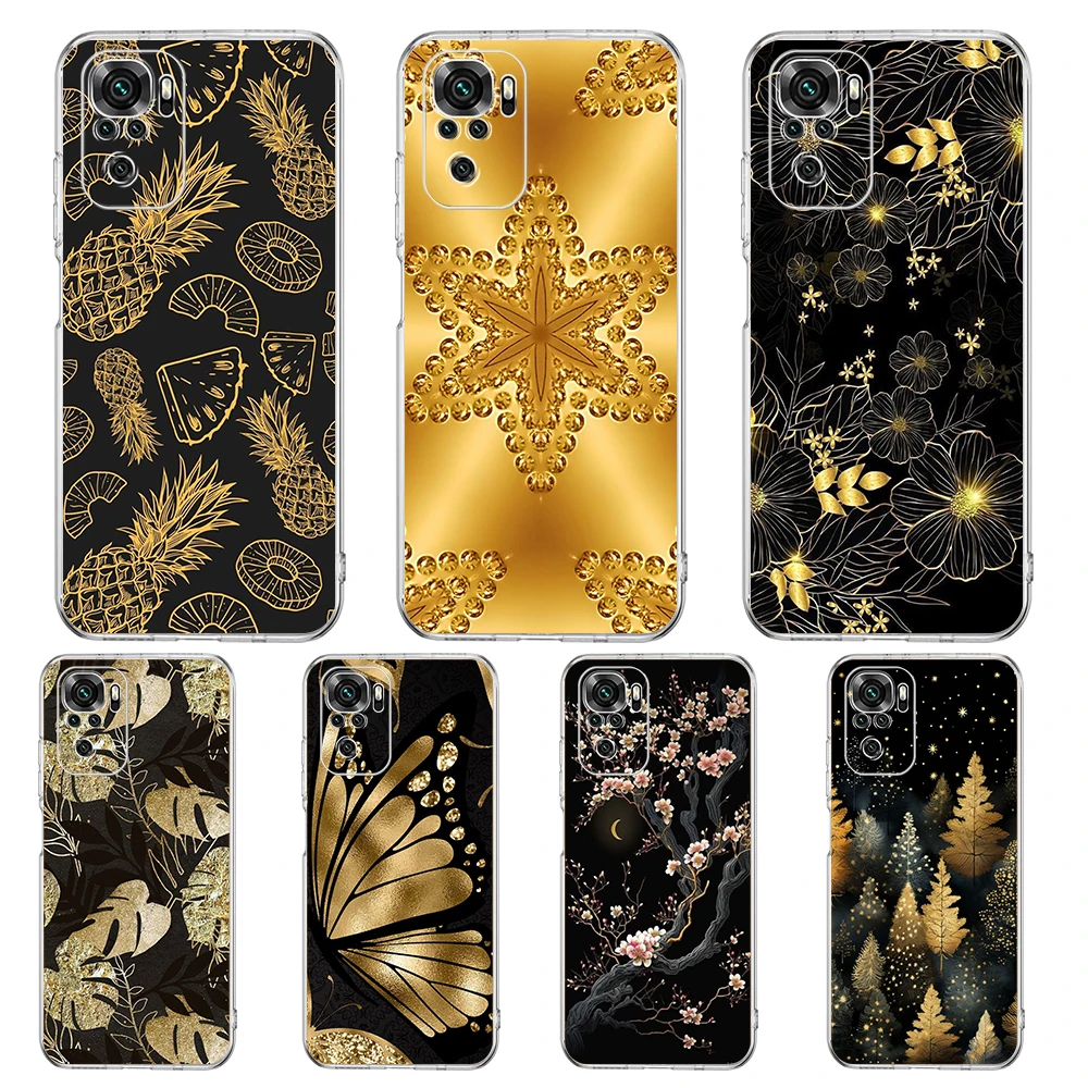 Gold Foil Art Phone Case Cover for Redmi 12 Note 10 11 11T 7 8 8T 9 K40 Gaming 9A 9C Pro Plus 5G Transparent Shell Coque Capas