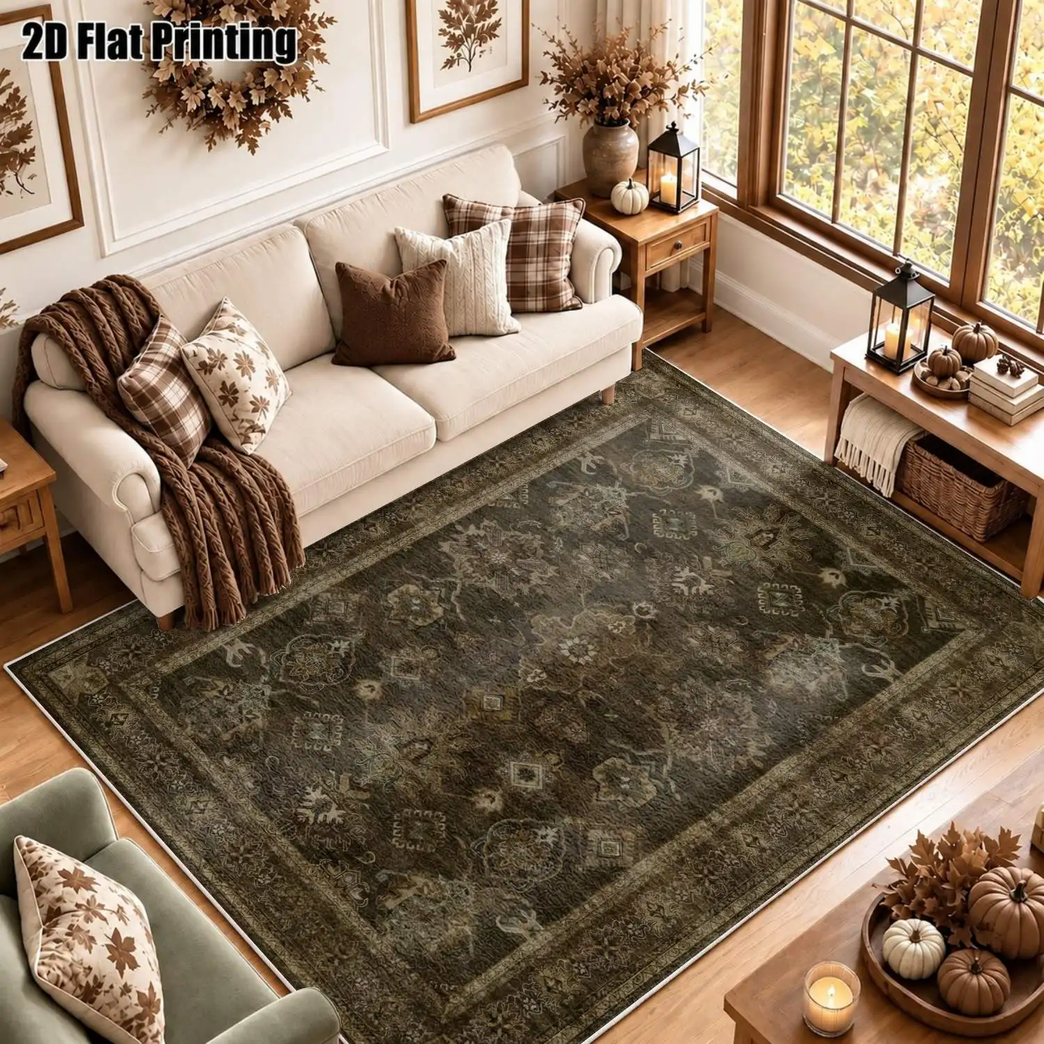 1Pc 2D Printed Retro Brown-Khaki Geometric Velvet Carpet, Multi-Size, Machine-Washable, for Home Multi-Scene Use