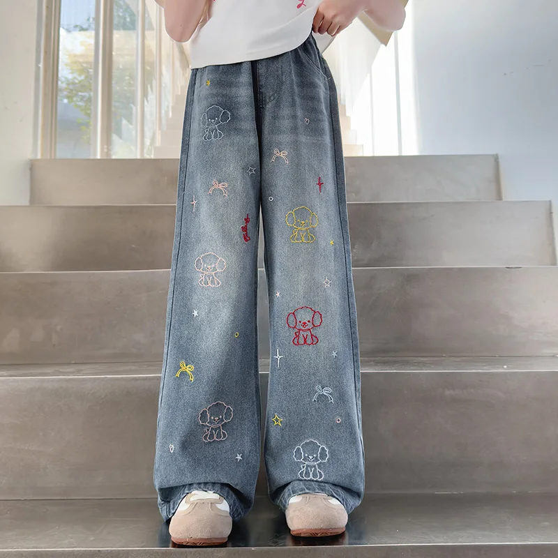 autumn teenager girls Embroidered micro flared jeans junior kids cartoon dog trousers 4 6 8 10 11 12 13 14 child clothes pants