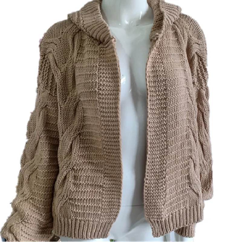 

2024 Twist Hat Buttonless Cardigan With Hooded Solid Color Thick Thread Casual Knitted Sweater European American Type