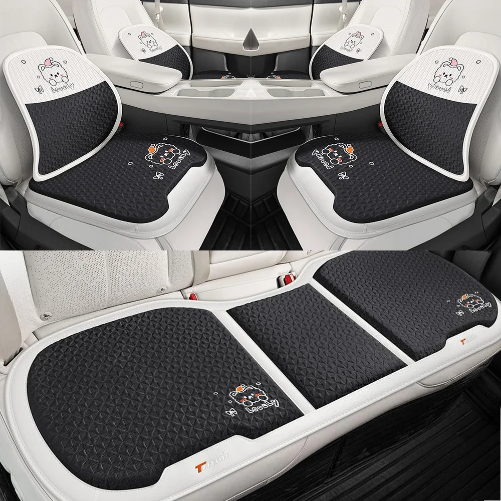 

3D Car Seat Cushion & Lumbar Support – Cute Bear PU Leather + Cool Mesh for Breathable Comfort, Car/Home/office